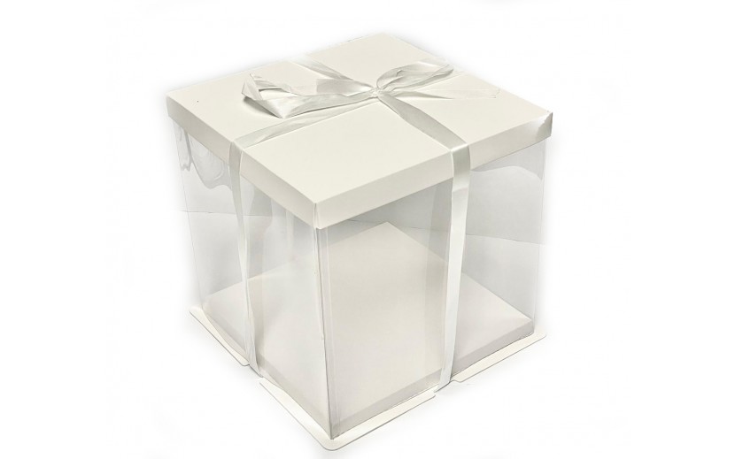 קופסא שקופה לעוגה לבן  עם סרט 30*30*30