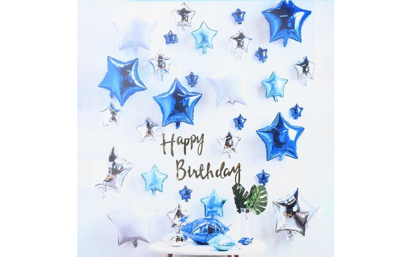 מארז בלוני כוכבים 32 יח כחול כסוף+שרשרתHB