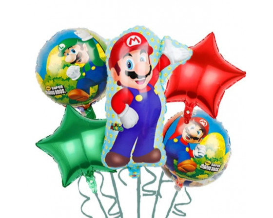 בוקט מרהיב המכיל 5 בלוני מיילר סופר מריו